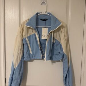 NEW Zara Blue and Cream Cropped Jacket